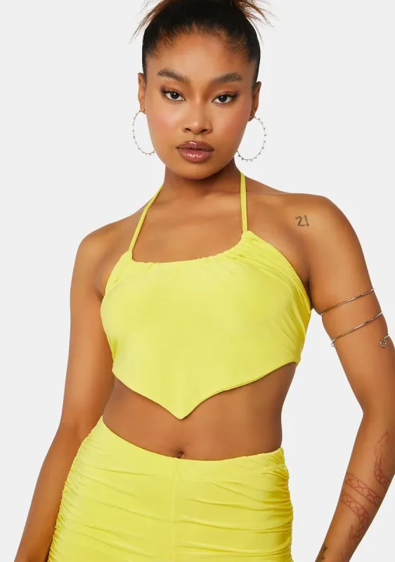 Sulphur Yellow Ruched Halter Mini Crop Top sold by Dolls Kill