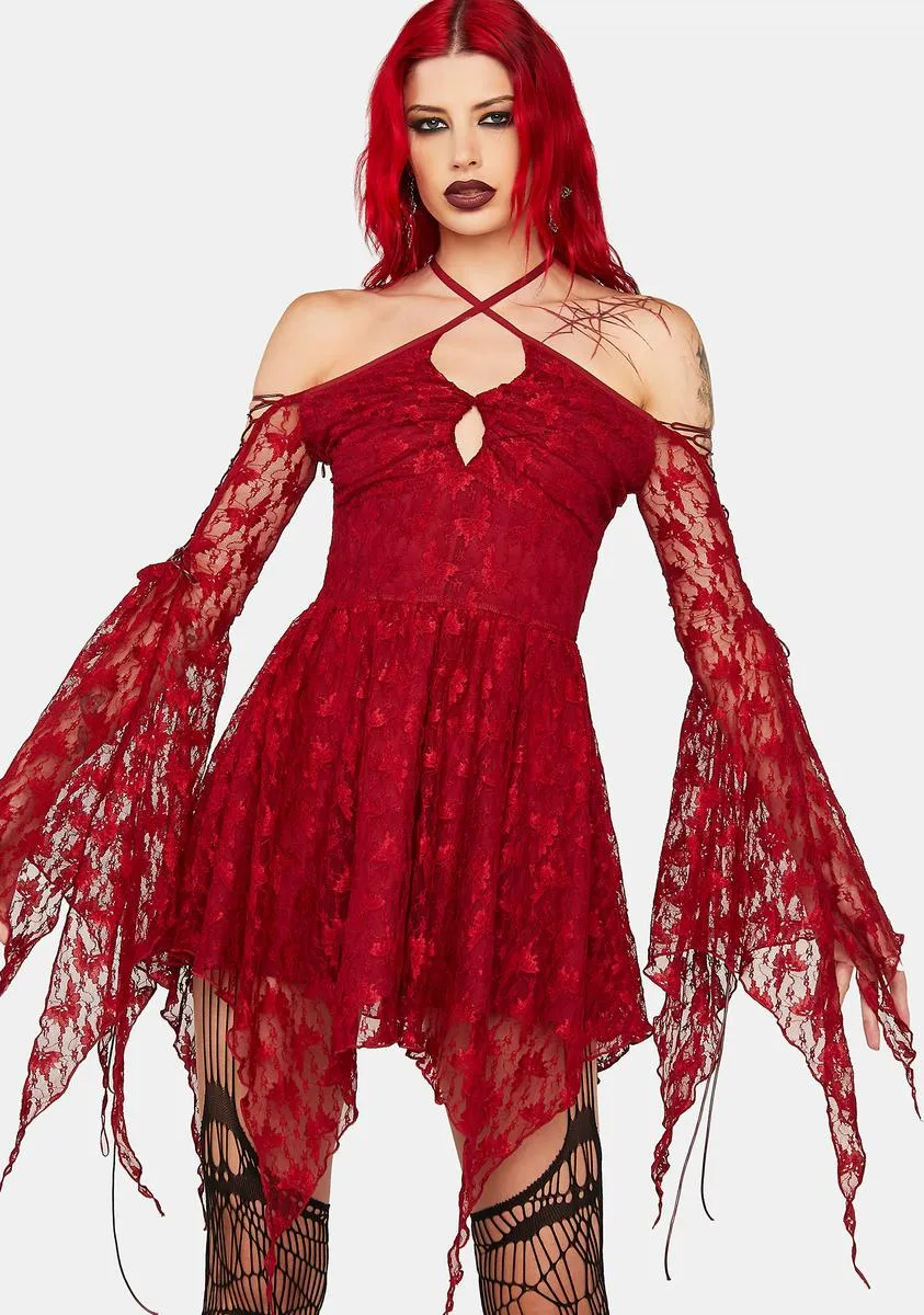 Red Lace Bell Sleeve Halter Dress sold by Dolls Kill