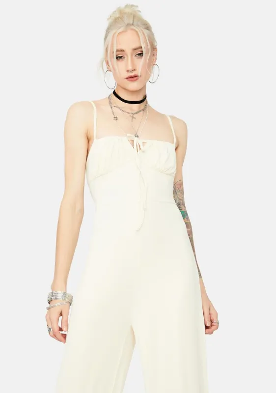 Blanc Ready Or Not Ribbed Tie Front Jumpsuit sold by Dolls Kill