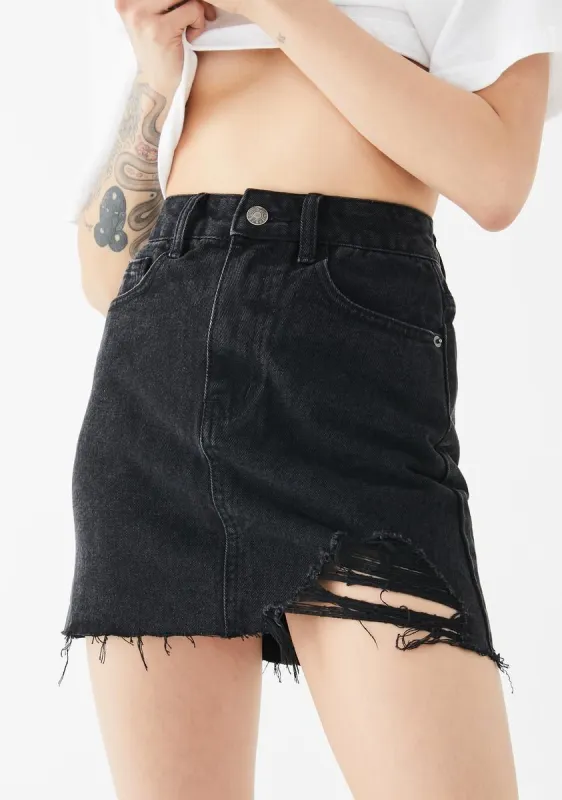One Sided Distressed Hem Denim Skirt sold by Dolls Kill