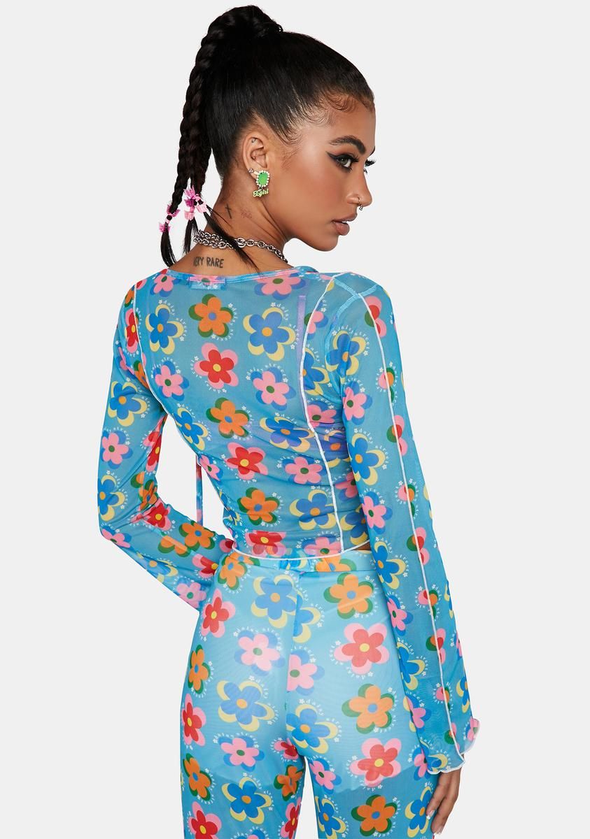 Blue Floral Mesh Long Sleeve Top sold by Dolls Kill product image thumbnail 4