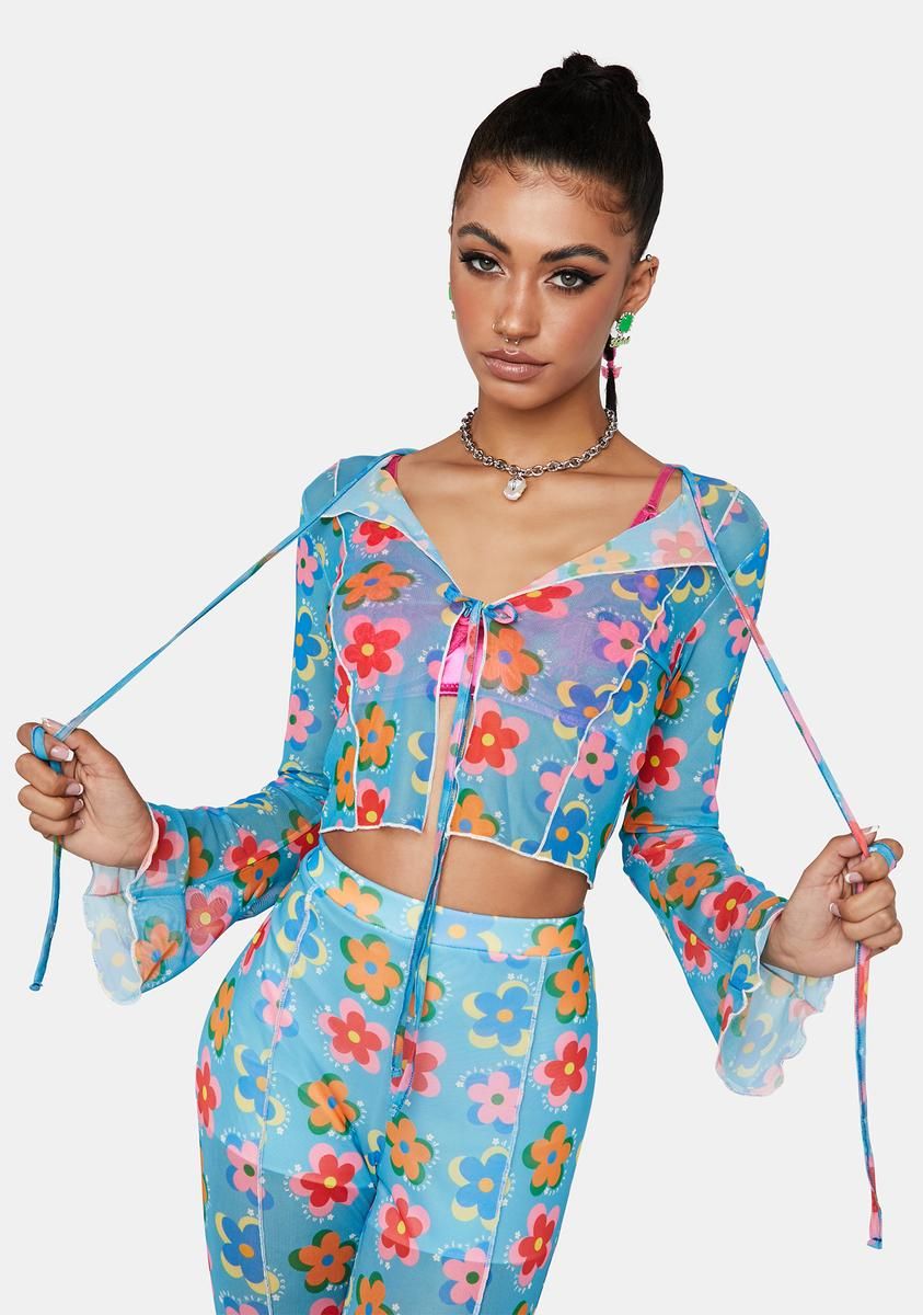 Blue Floral Mesh Long Sleeve Top sold by Dolls Kill