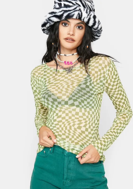 Amelia Long Sleeve Mesh Checkered Crop Top sold by Dolls Kill