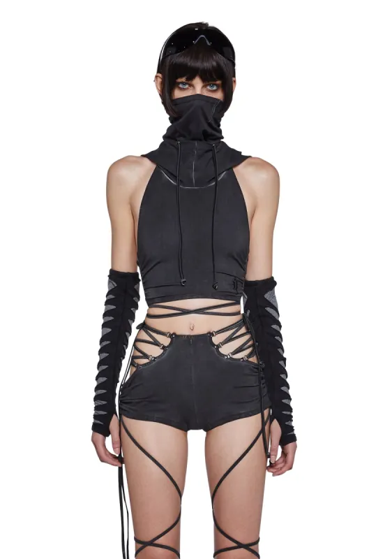 Tempo Hooded Crop Halter Top - Dark Gray sold by Dolls Kill