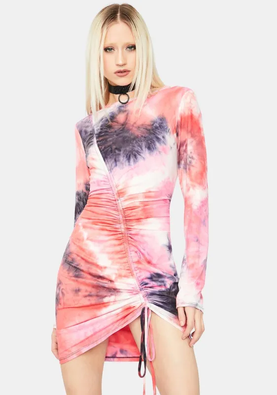 Raspberry No Inhibitions Tie Dye Ruched Dress sold by Dolls Kill