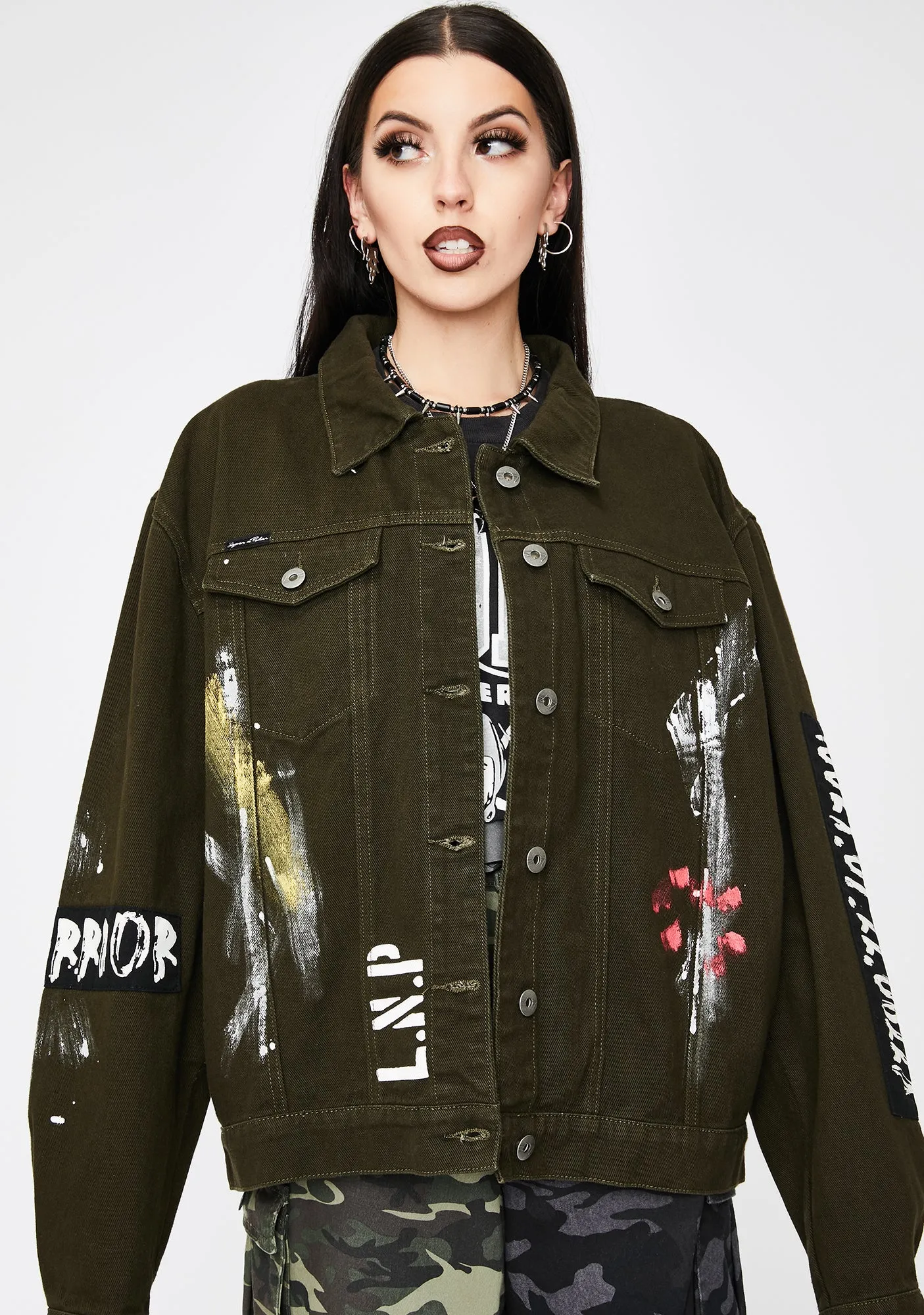 Khaki Warrior Denim Jacket sold by Dolls Kill product image thumbnail 4