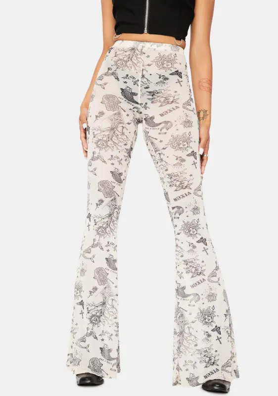 In A Flash Tattoo Print Flare Pants sold by Dolls Kill