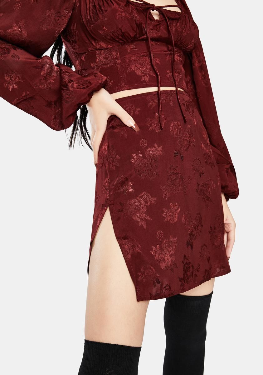 Shenka Satin Rose Mulberry Mini Skirt sold by Dolls Kill