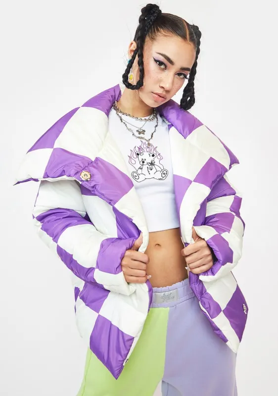 Purple Checkerboard Puffer Jacket sold by Dolls Kill
