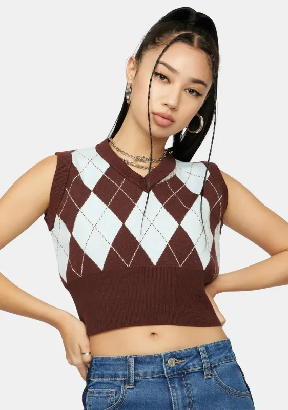 Mocha Would You Rather Cropped Argyle Vest sold by Dolls Kill