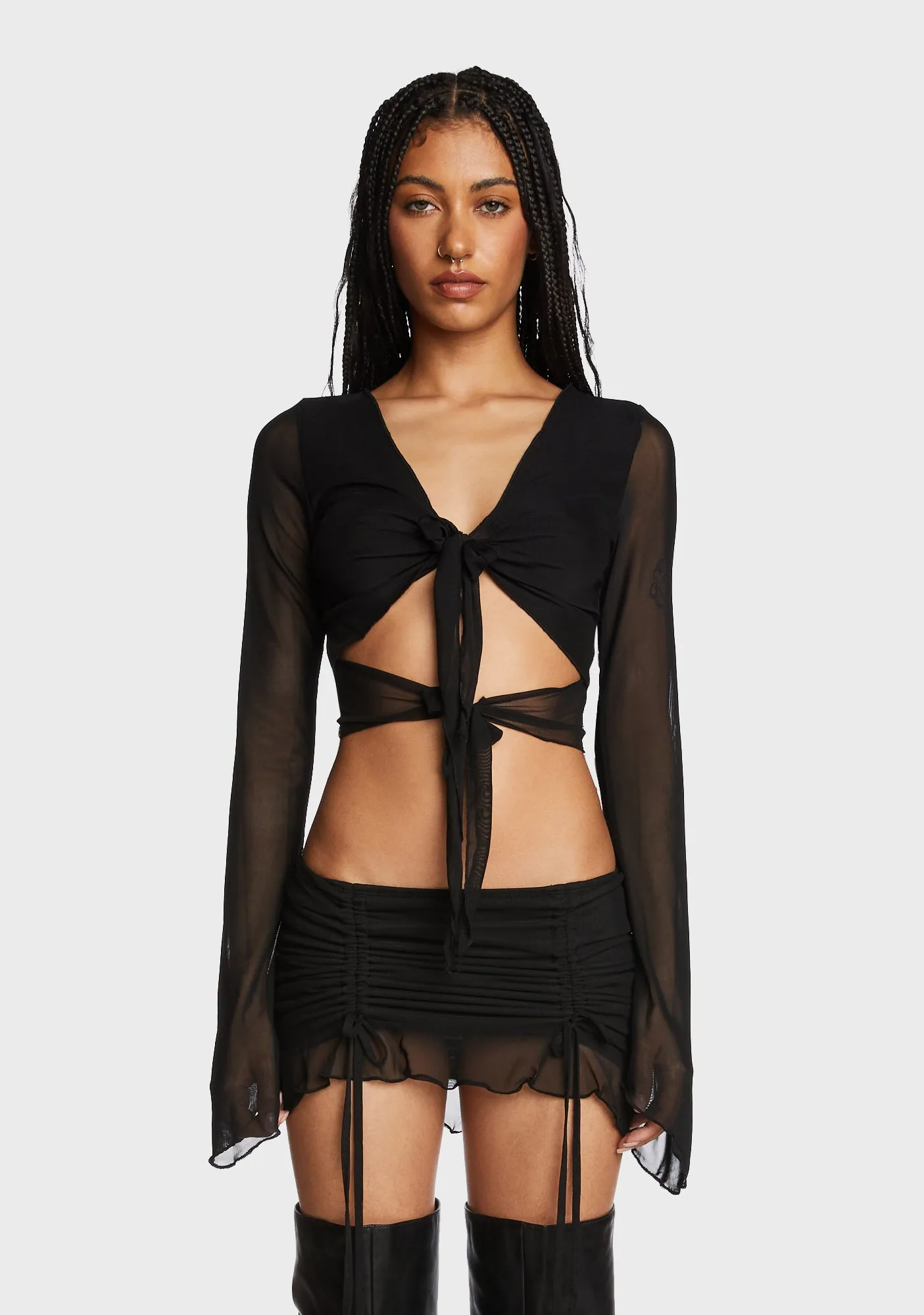 Indigo Tie Front Crop Top - Black sold by Dolls Kill