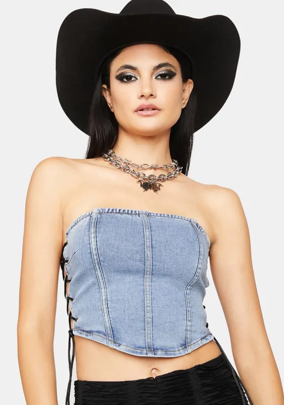 Straight Face Denim Corset Top sold by Dolls Kill