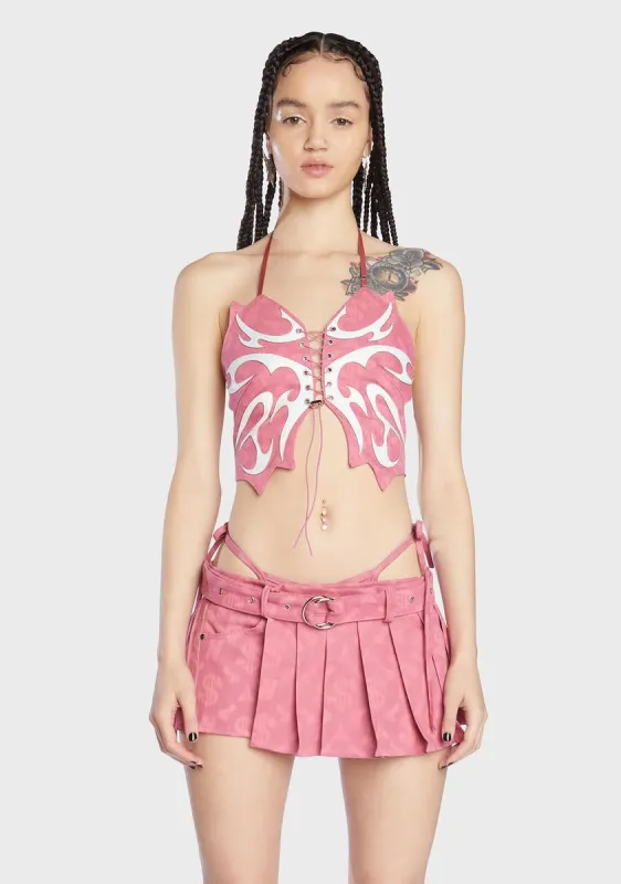 Pink Monogram Denim Butterfly Top sold by Dolls Kill