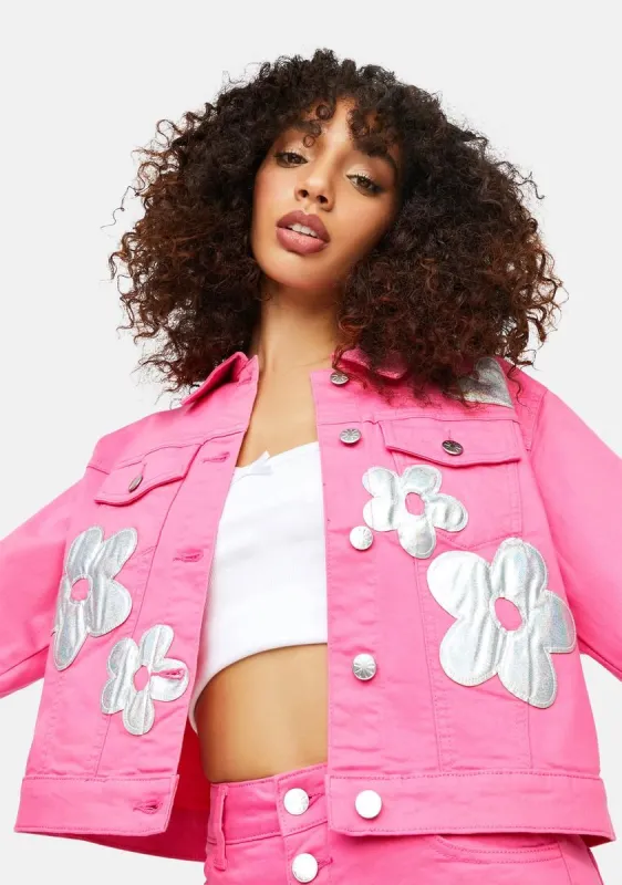 Heart Of Glass Holo Flower Applique Twill Jacket sold by Dolls Kill