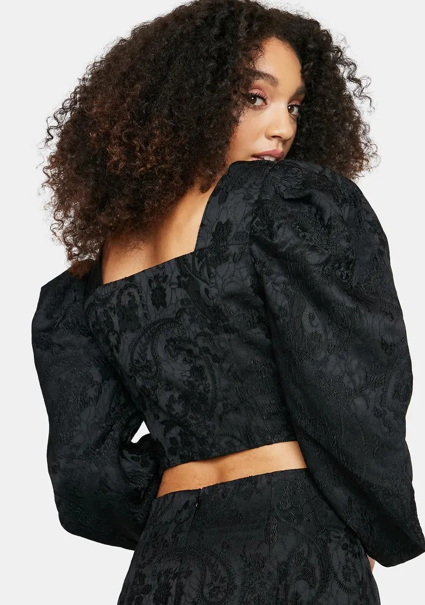 Black Brocade Tie Neck Crop Top sold by Dolls Kill product image thumbnail 4