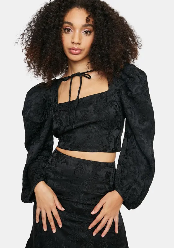 Black Brocade Tie Neck Crop Top sold by Dolls Kill