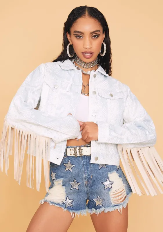 Ivory Cowgirl Chic Snakeprint Fringe Jacket sold by Dolls Kill