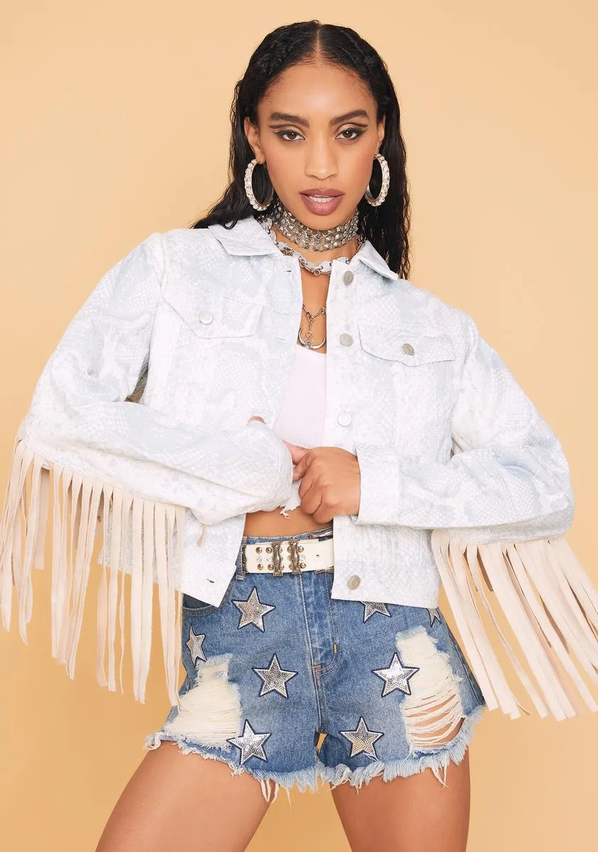 Ivory Cowgirl Chic Snakeprint Fringe Jacket sold by Dolls Kill