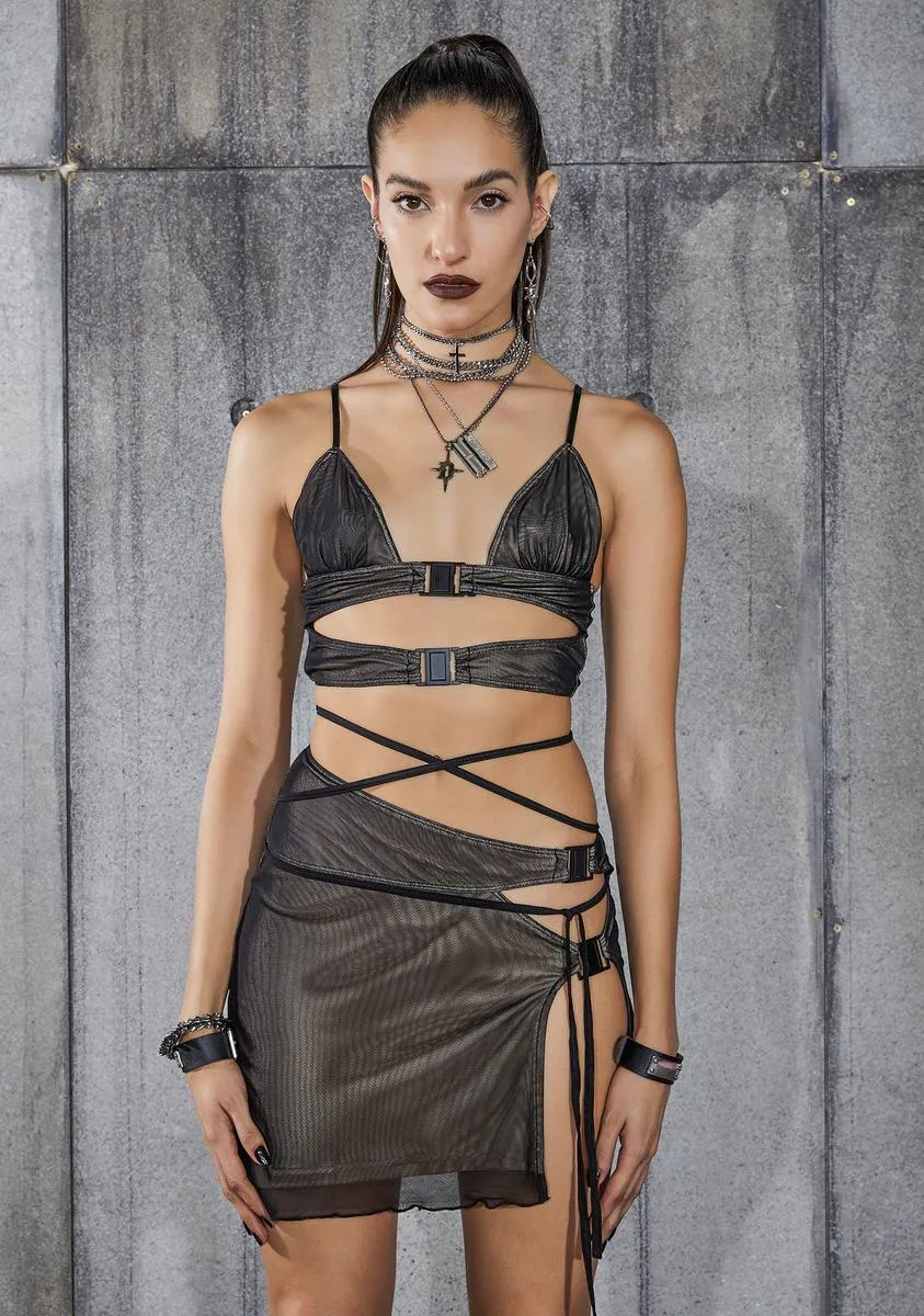 Snare Mesh Overlay Cut-Out Buckle Skirt Set sold by Dolls Kill