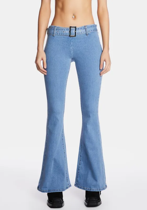Low Rise Belted Flare Jeans sold by Dolls Kill