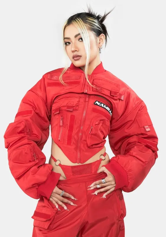 Red Nylon Bomber Choker Jacket sold by Dolls Kill