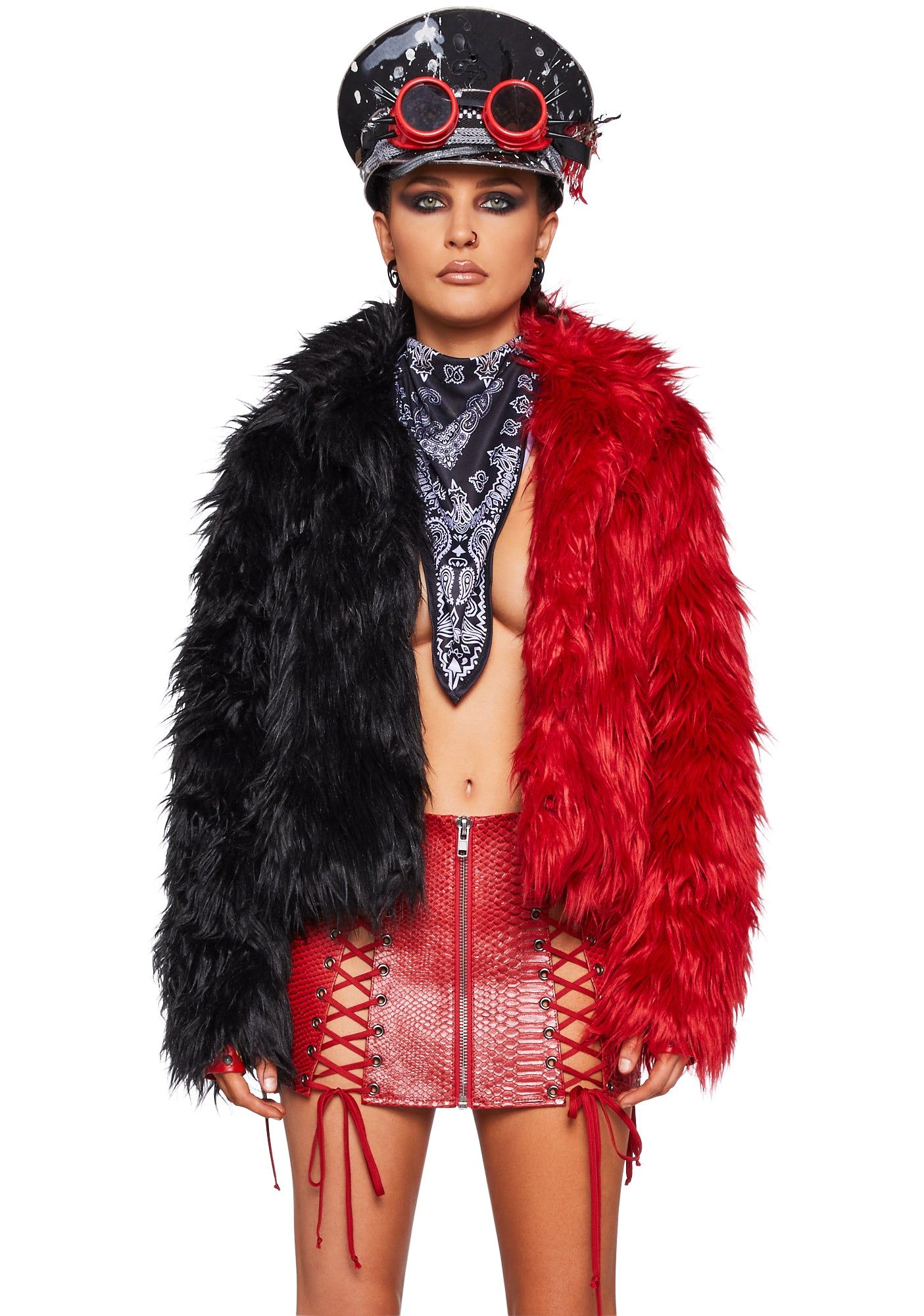 Balancing Act Faux Fur Jacket - Red/Black sold by Dolls Kill