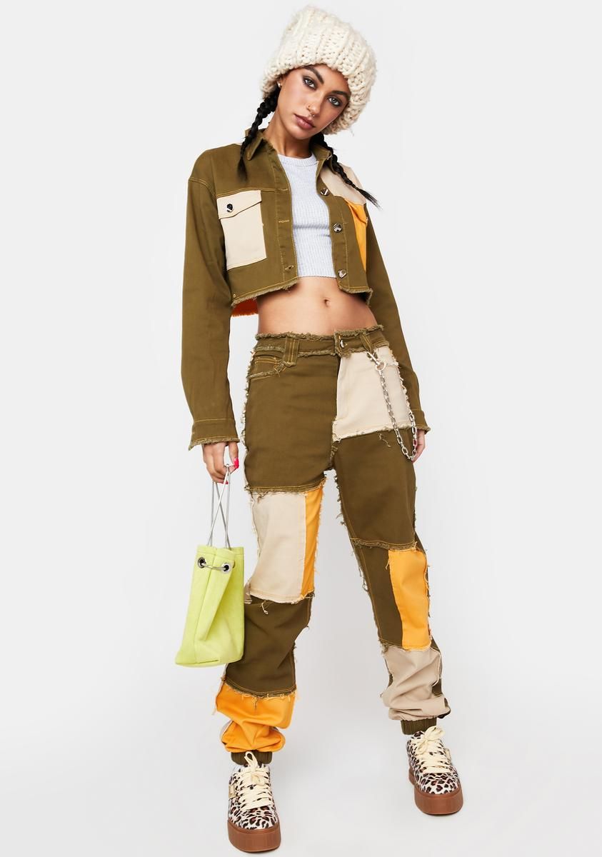 Olive Hidden Layers Patchwork Crop Jacket sold by Dolls Kill product image thumbnail 3