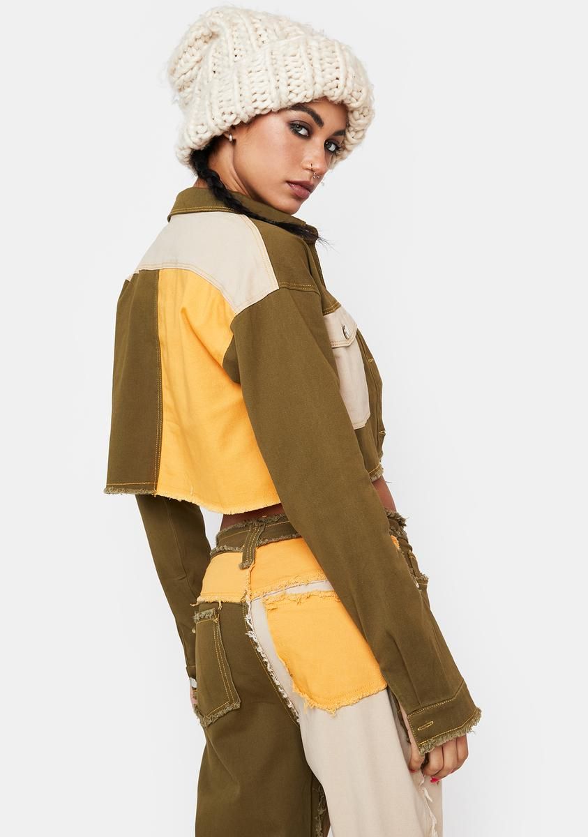 Olive Hidden Layers Patchwork Crop Jacket sold by Dolls Kill product image thumbnail 4