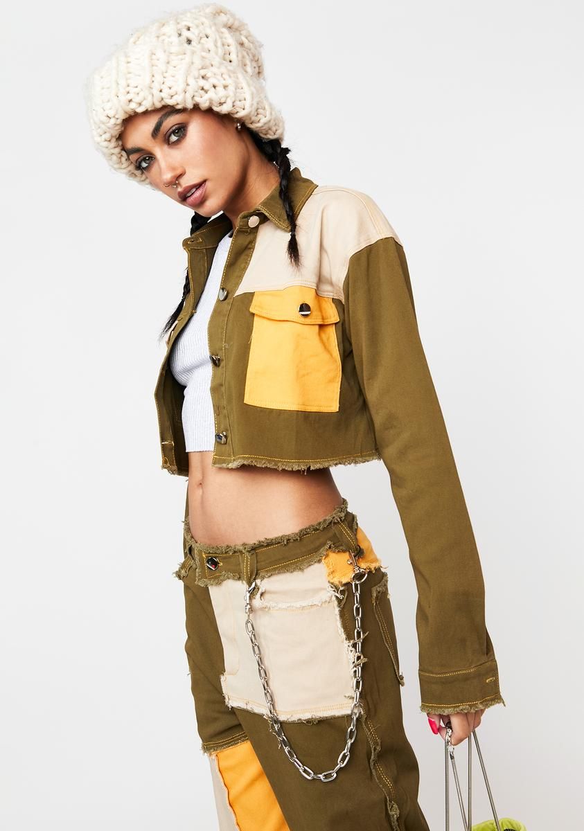 Olive Hidden Layers Patchwork Crop Jacket sold by Dolls Kill product image thumbnail 2