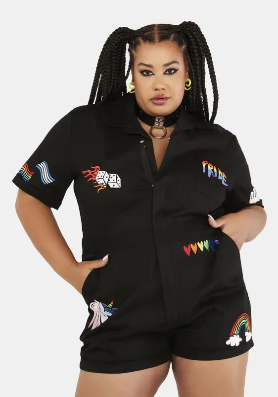 Plus Wish You Were Queer Embroidered Patch Romper sold by Dolls Kill