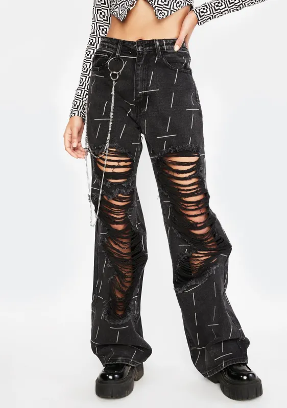 High Rise Baggy Boyfriend Jeans With Chain Detail And Distressing sold by Dolls Kill
