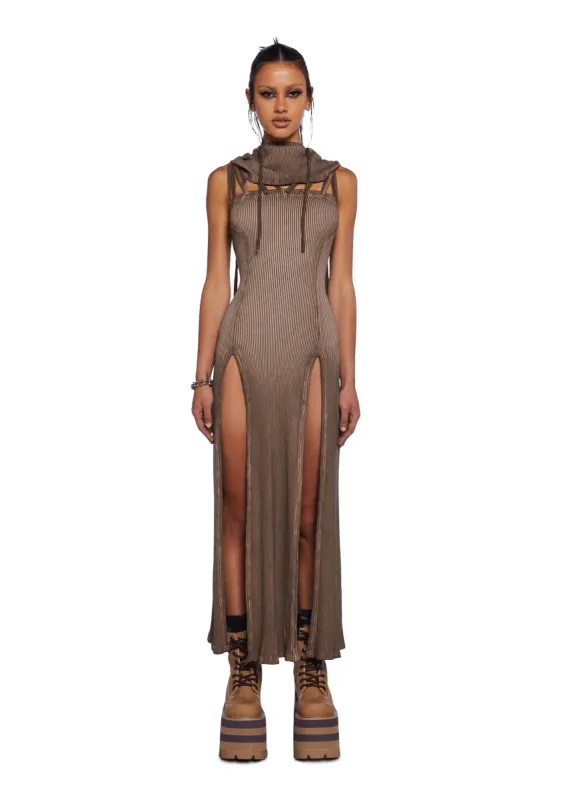Echo Hooded Slit Maxi Dress - Brown sold by Dolls Kill