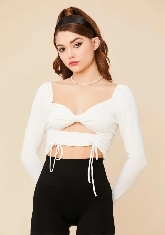 Ivory Breakin' The Rules Cutout Ruched Crop Top sold by Dolls Kill