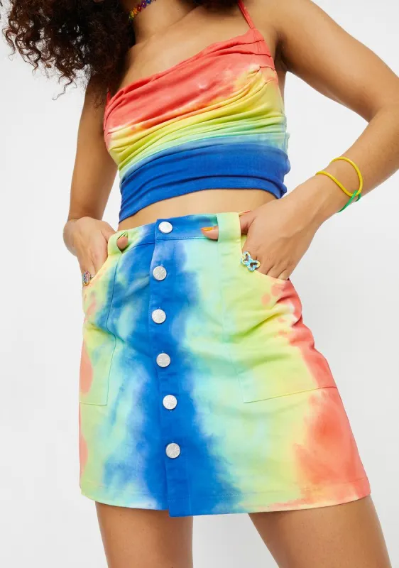 Righteous Mood Rainbow Tie Dye Twill Mini Skirt sold by Dolls Kill