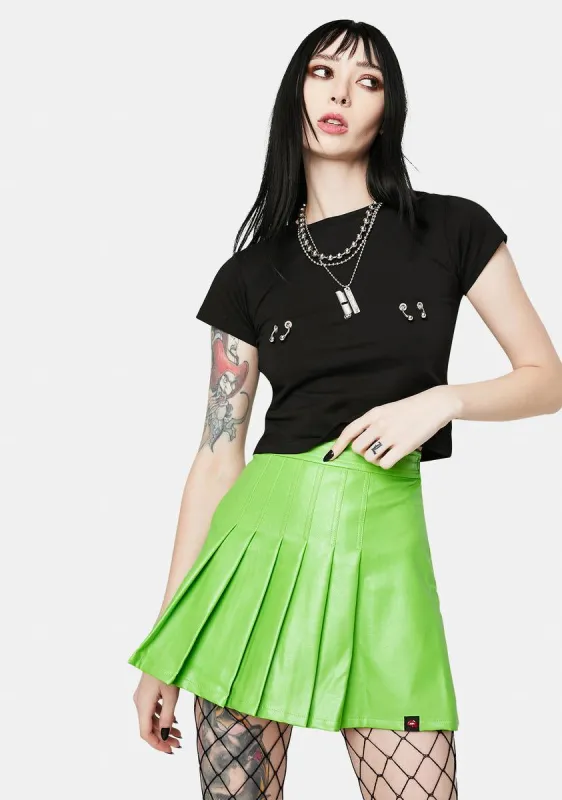 School Neon Green Vegan Leather Pleated Skirt sold by Dolls Kill
