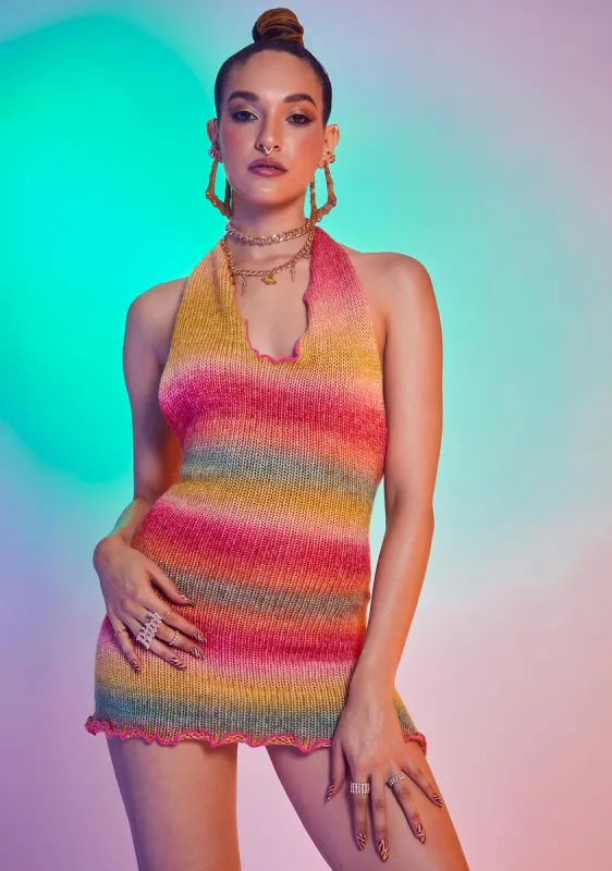 Multi Halter Rainbow Knit Mini Dress sold by Dolls Kill