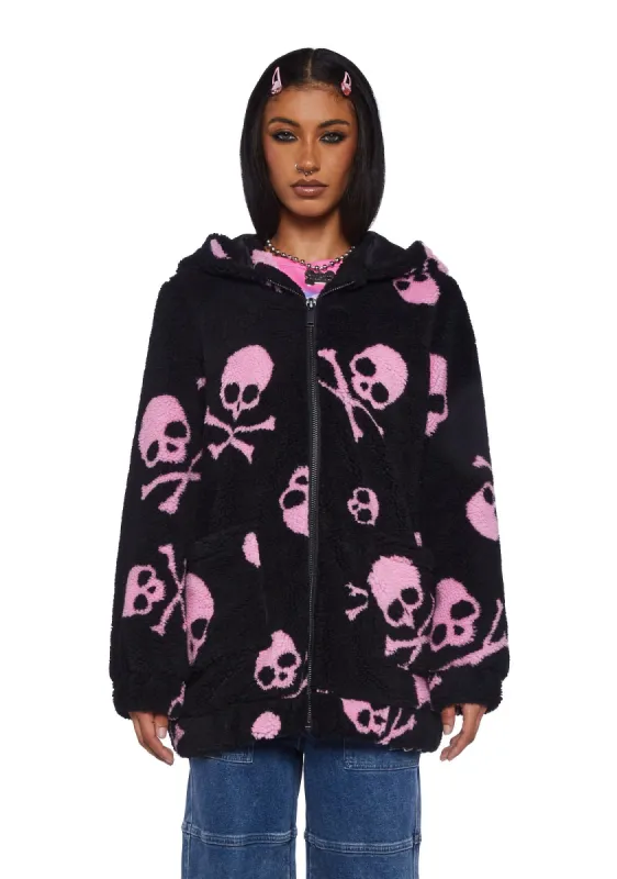 Skull On My Sleeve Hooded Sherpa Jacket - Pink sold by Dolls Kill