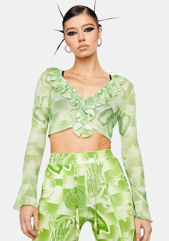 The Garden Print Mesh Ruffle Top sold by Dolls Kill