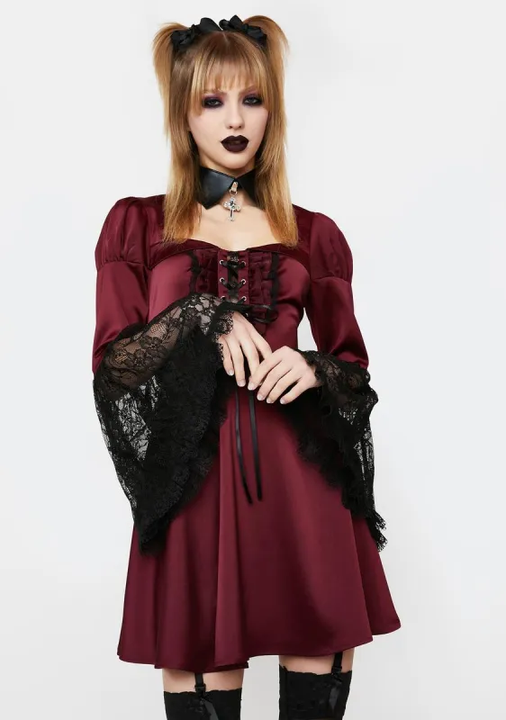 Burgundy Mini Dress With Lace Sleeves sold by Dolls Kill