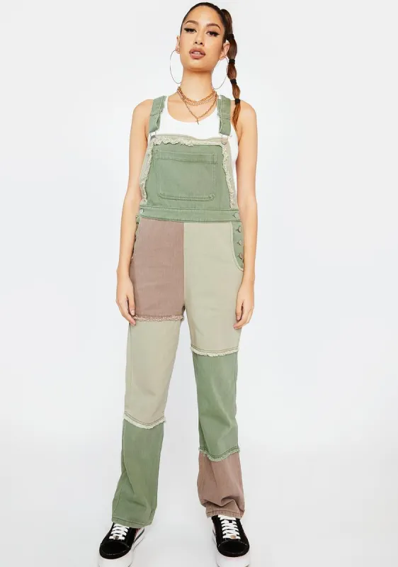 Olive No Time Wasted Patchwork Overalls sold by Dolls Kill