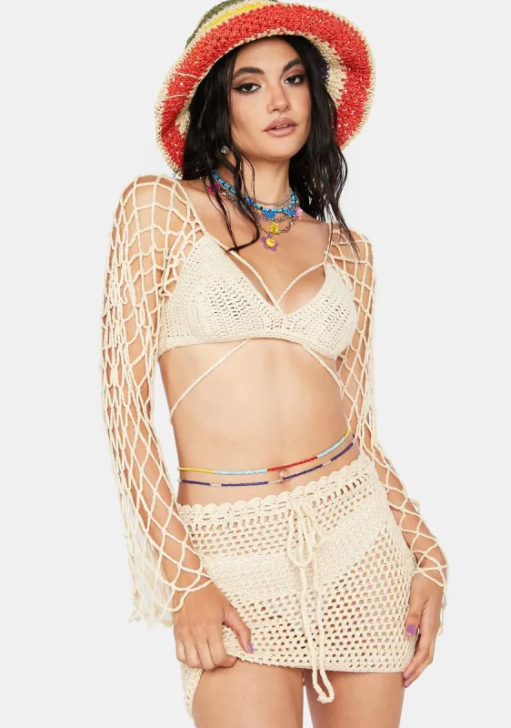 Beige Day In The Sun Crochet Skirt Set sold by Dolls Kill