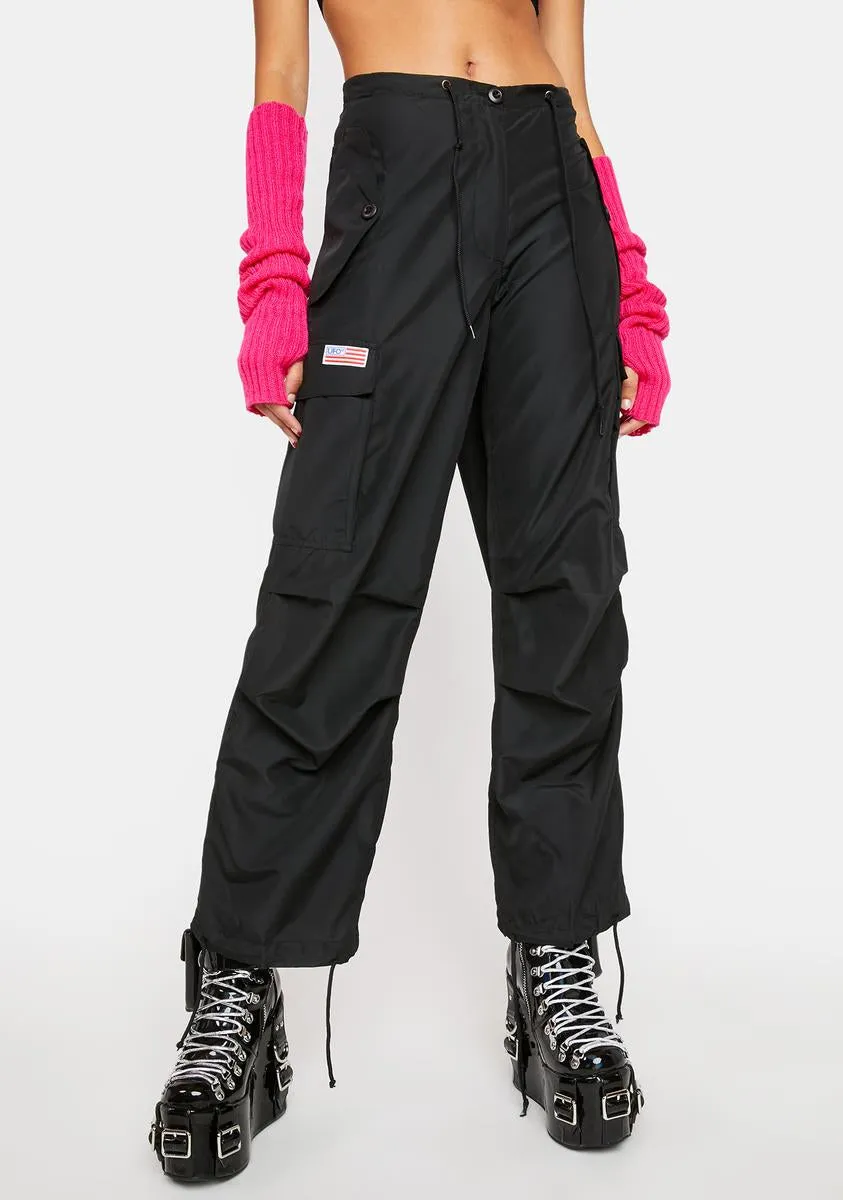 Silky Black Flap Pocket Cargo Pants sold by Dolls Kill