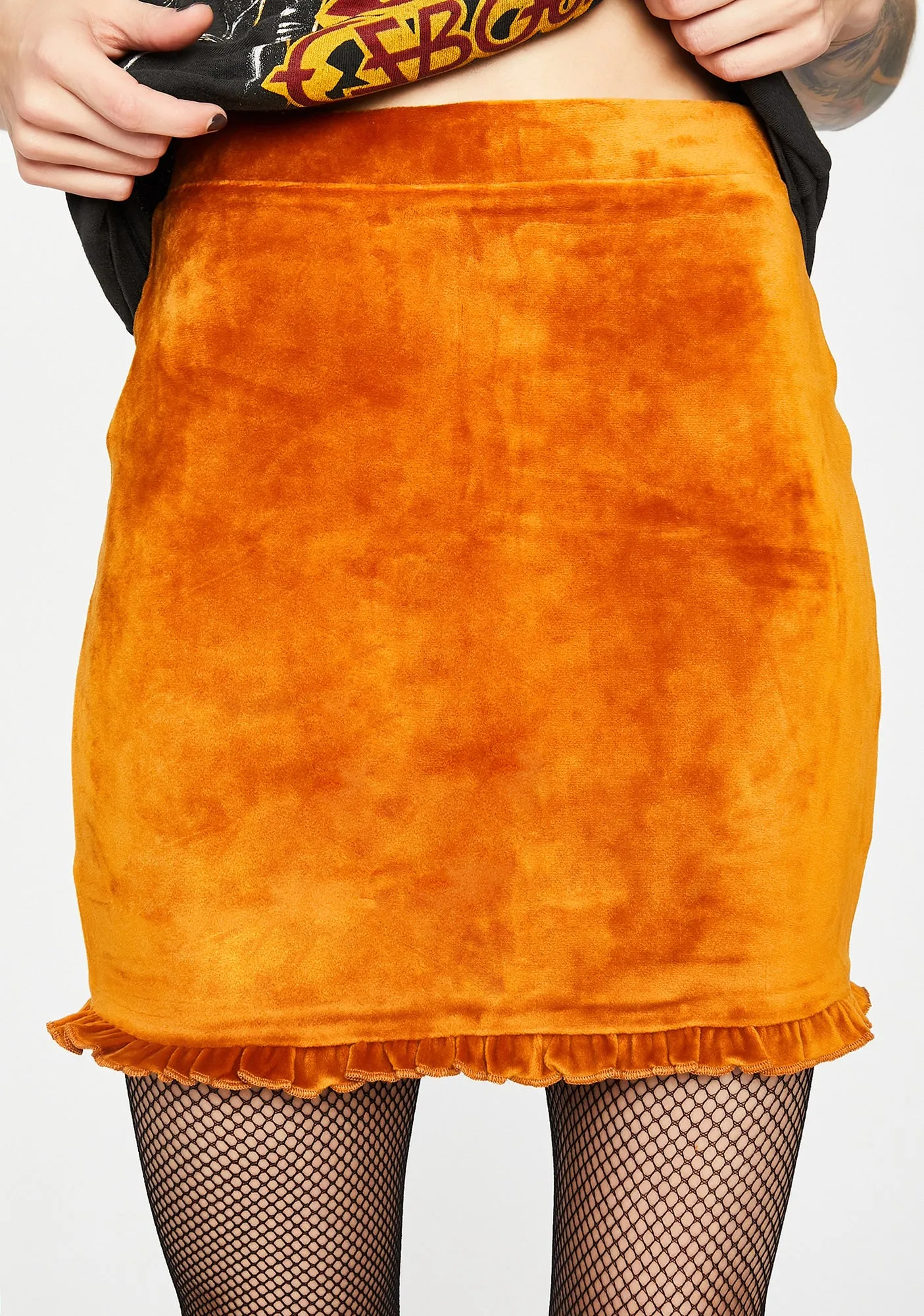 Pumpkin Frilly Femme Velvet Skirt sold by Dolls Kill