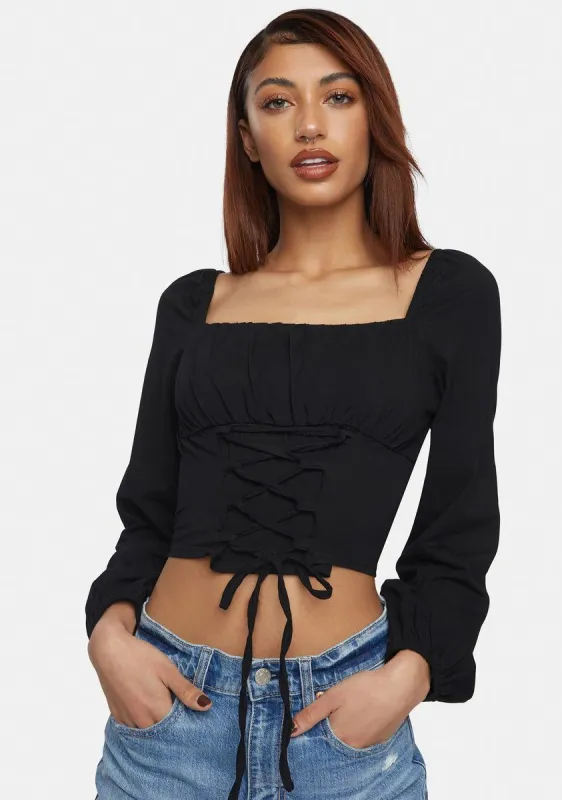 Black Corset Lace-Up Blouse sold by Dolls Kill
