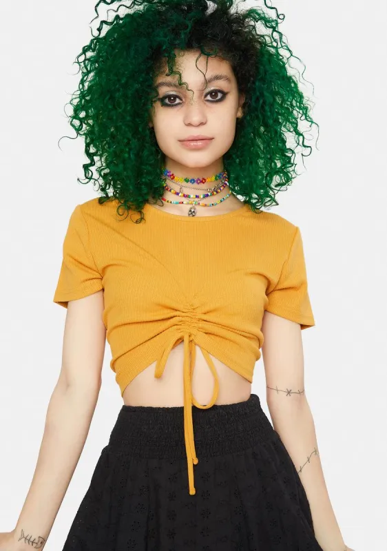 Mustard Emery Ruched Crop Tee sold by Dolls Kill