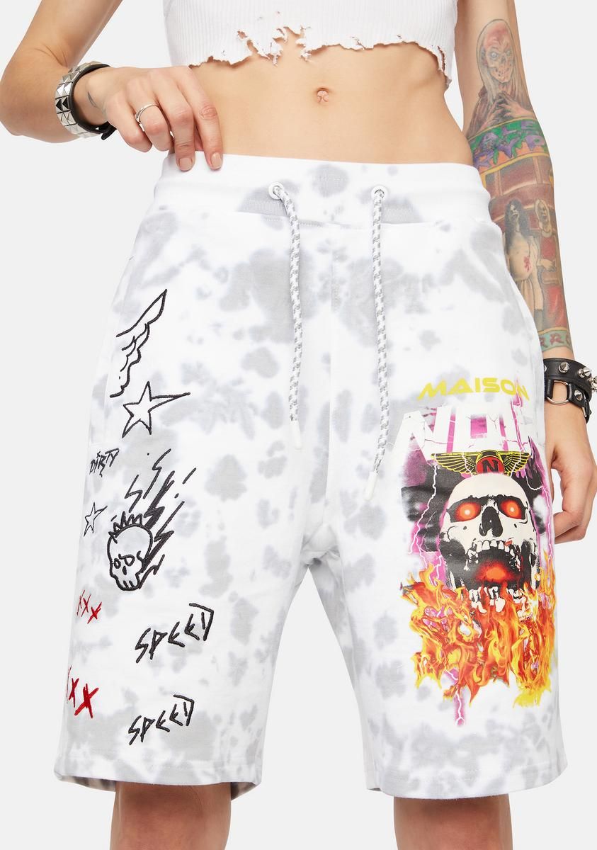 Flaming Skull Tie Dye Shorts sold by Dolls Kill