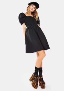 Black Puff Sleeve Babydoll Dress sold by Dolls Kill