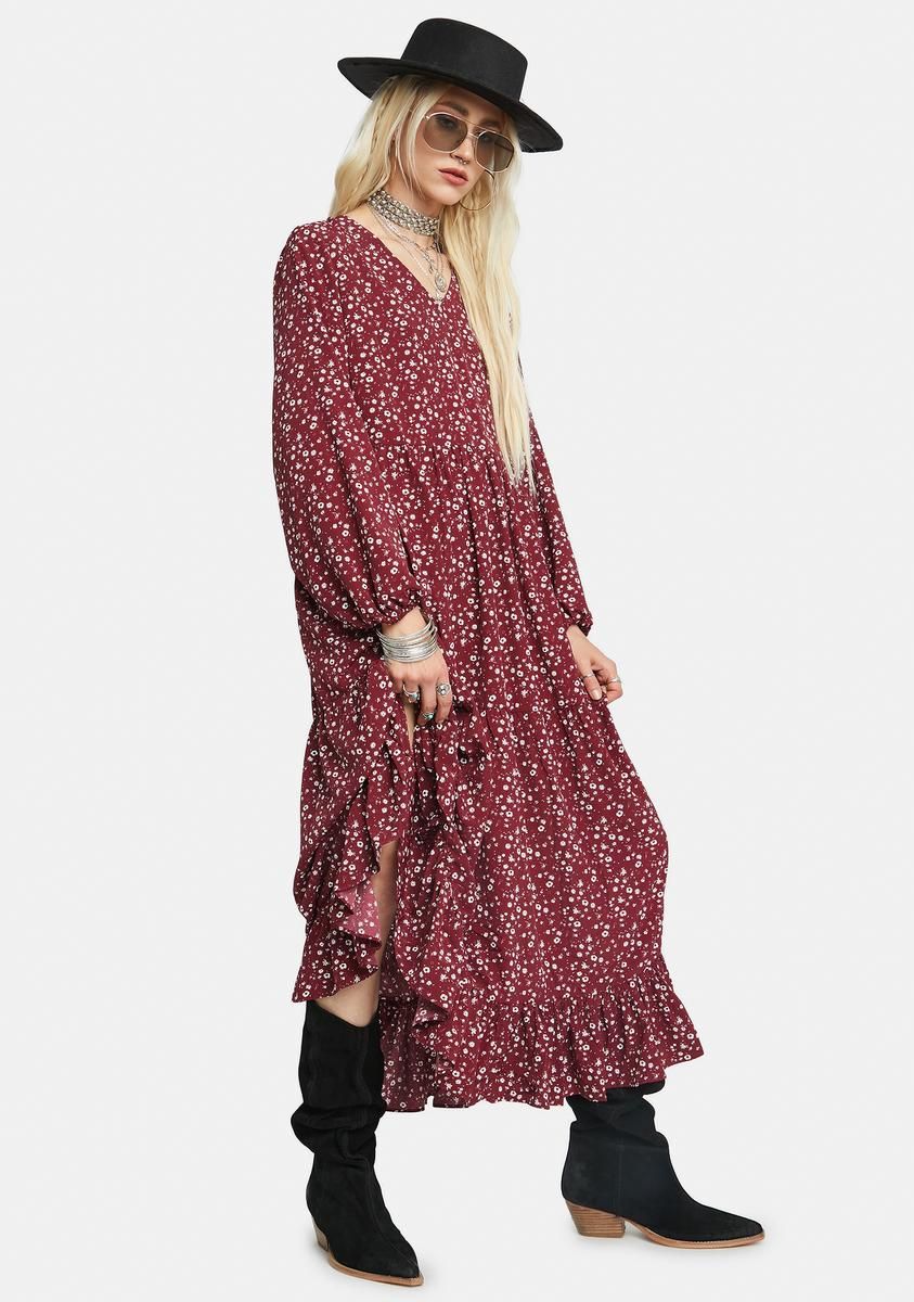 Maroon Ditsy Floral Print Maxi Dress sold by Dolls Kill product image thumbnail 3