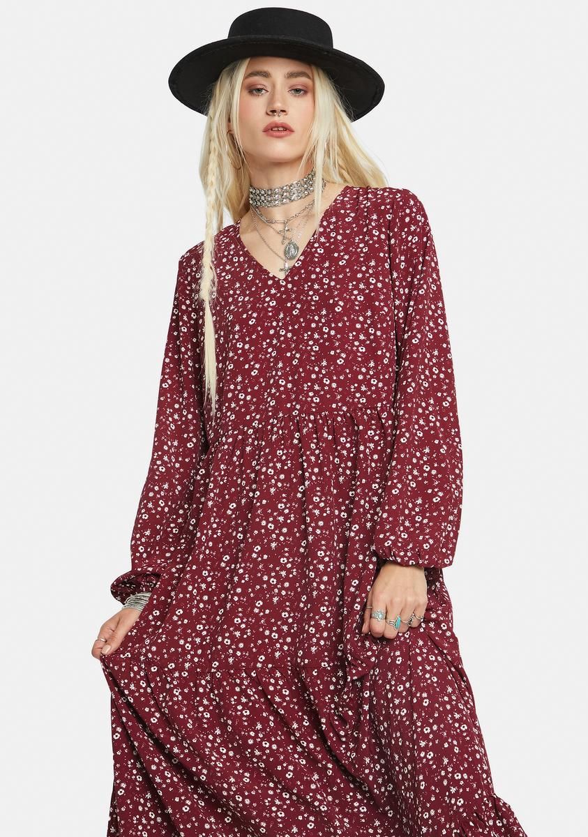 Maroon Ditsy Floral Print Maxi Dress sold by Dolls Kill