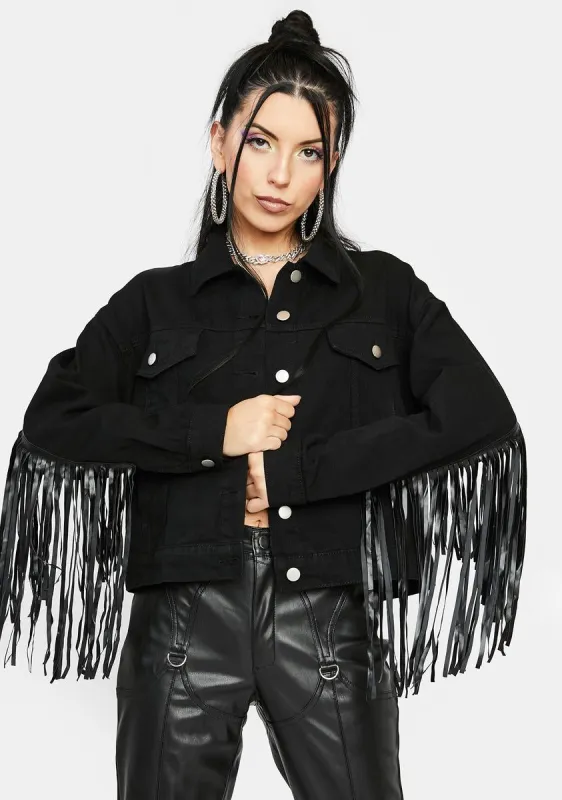 Trouble In Paradise Fringe Denim Jacket sold by Dolls Kill